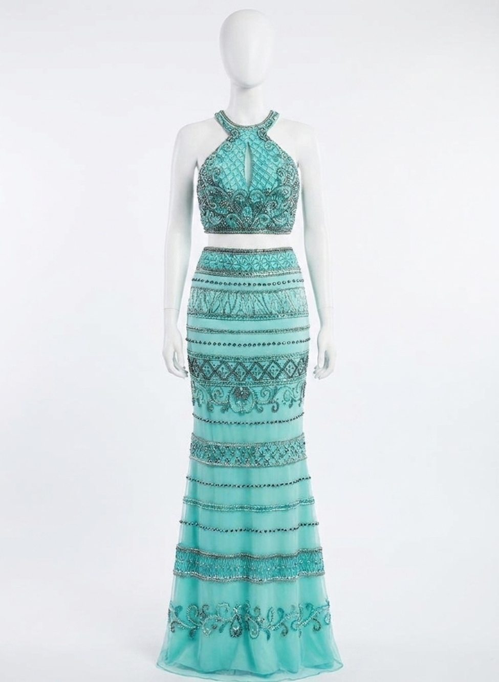 NEW RACHEL ALLAN two-piece beaded jersey evening gown in mint - Picture 1 of 2